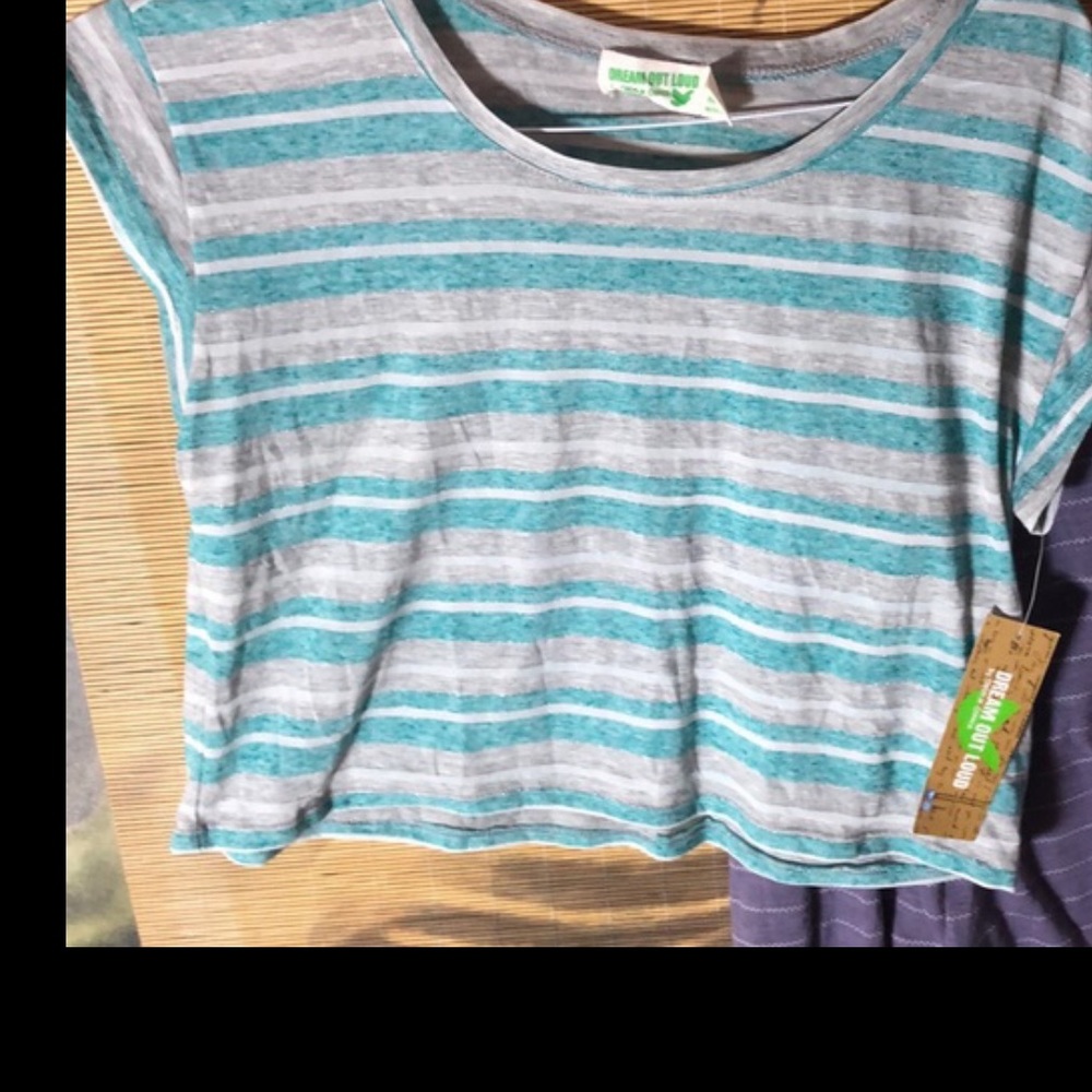New top Short sleeve crop top blue gray white striped metallic thread nwt jr xs